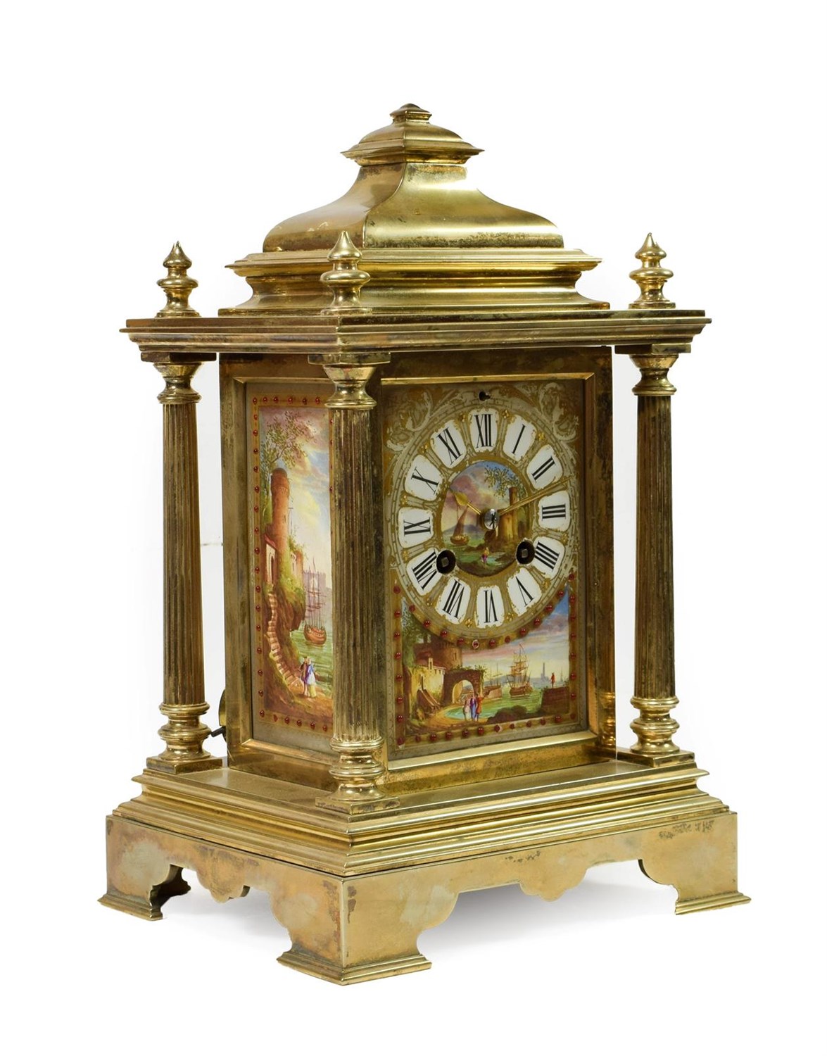 Lot 408 - <> A Brass and Porcelain Mounted Striking Mantel Clock, circa 1890, caddy pediment with four turned