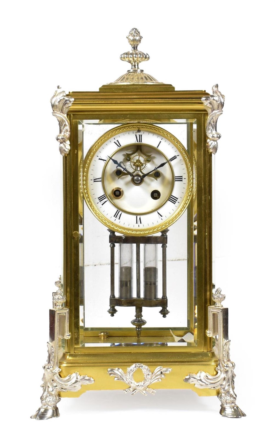 Lot 409 - <> A Brass Four Glass Striking Mantel Clock, circa 1900, brass case with silvered mounts, four...