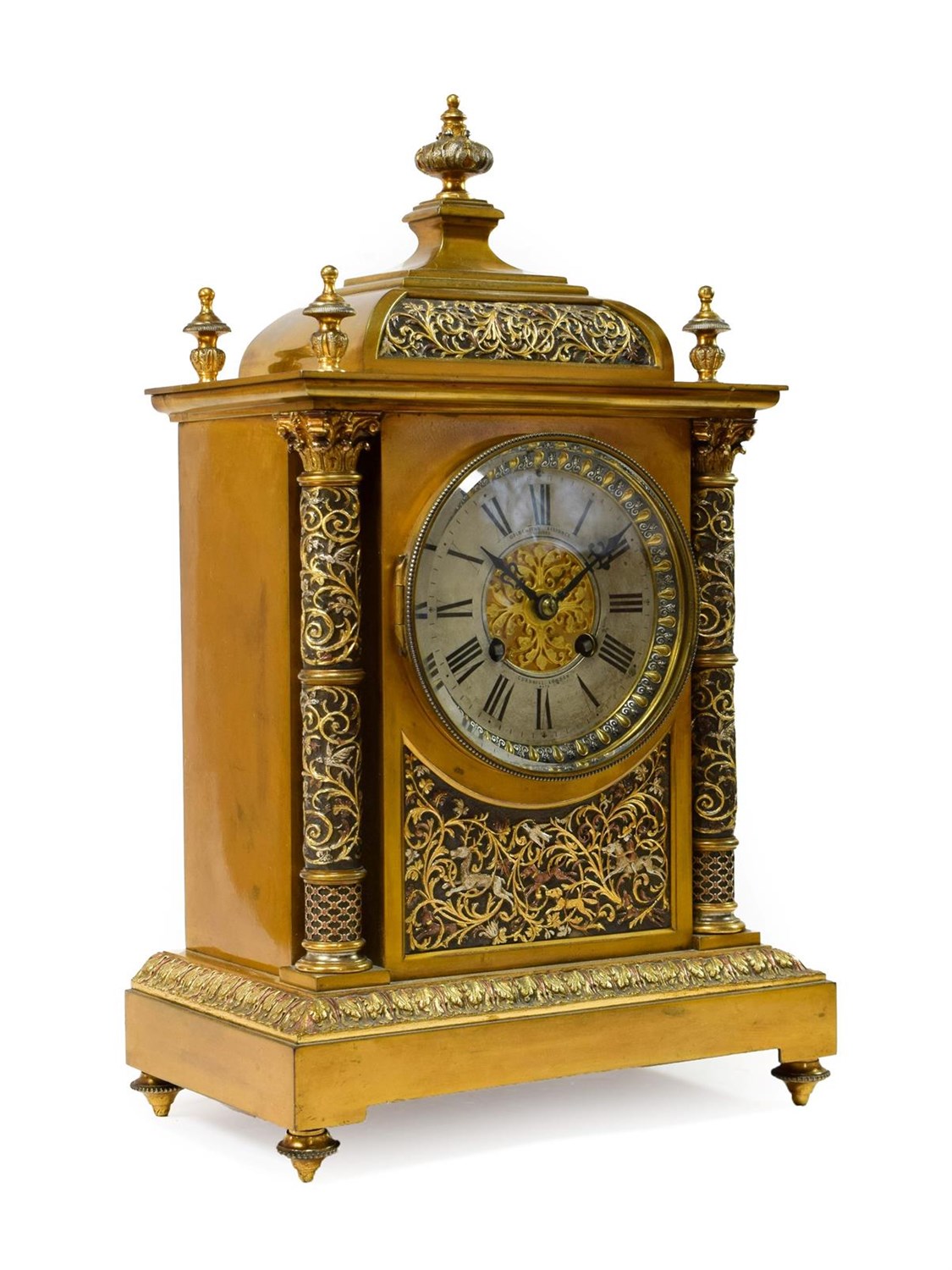 Lot 410 - <> A Brass Hunting Theme Striking Mantel Clock, retailed by Goldsmiths Alliance Limited,...
