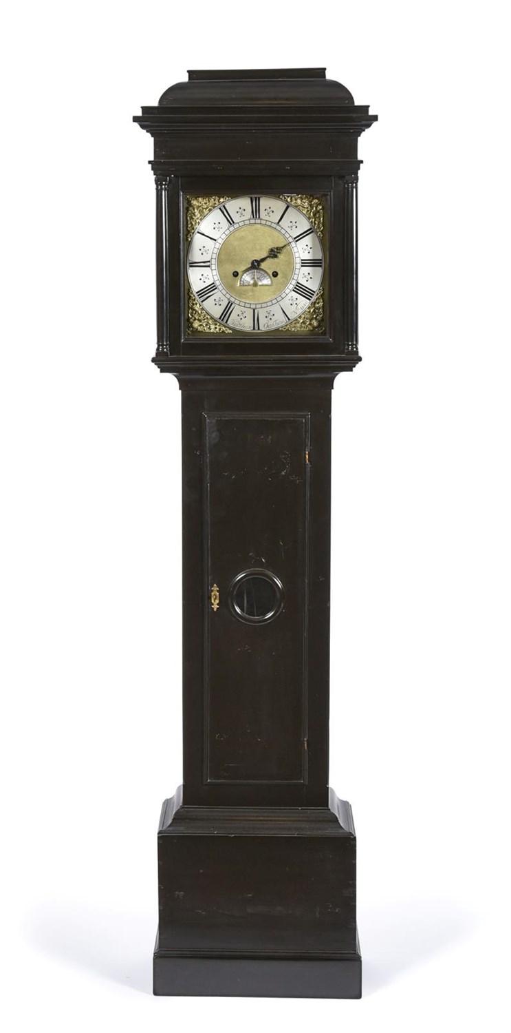 Lot 423 - An Ebonised Eight Day Longcase Clock, signed Blackburn, Oakham, No.1146, circa 1740, caddy...