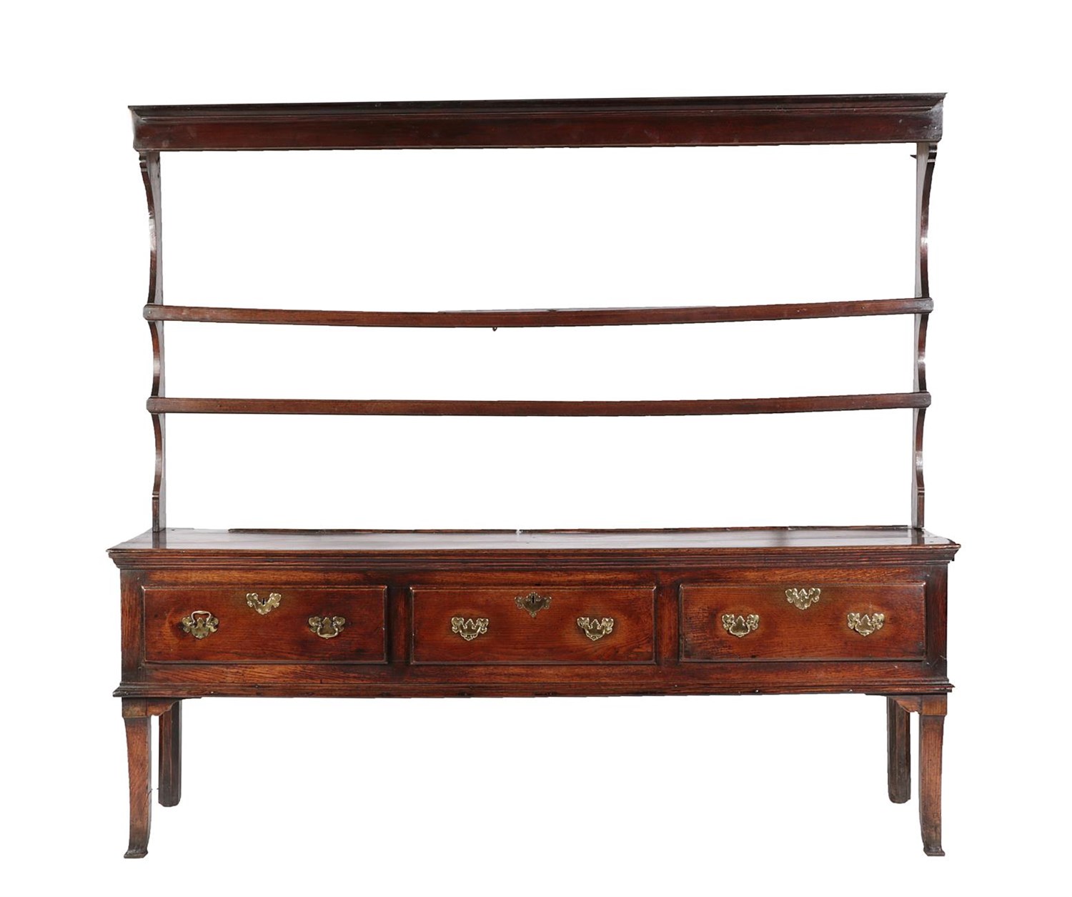 Lot 436 - A George III Oak Open Dresser, late 18th century, the rack with two shelves with scrolled end...