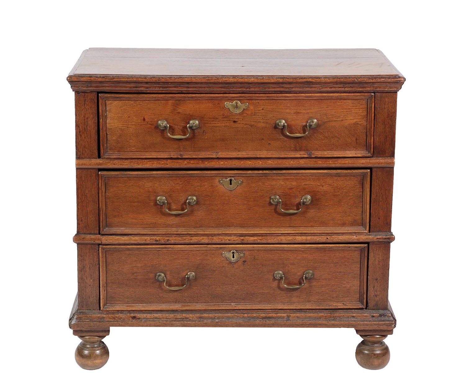 Lot 442 - <> A Late 17th Century Oak Straight Front Chest of Drawers, the moulded top above three...
