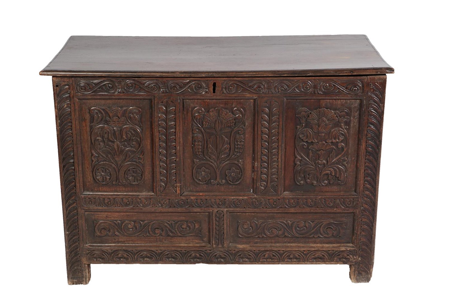 Lot 448 - A Joined Oak Chest, the later hinged lid above five carved panels all between carved stiles and...