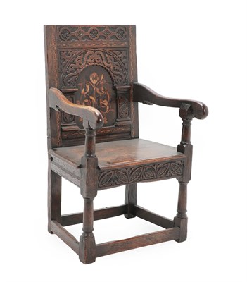 Lot 454 - A 17th Century Joined Oak, Parquetry and Marquetry Inlaid Wainscot Armchair, Leeds region, the back
