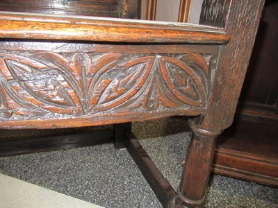 Lot 454 - A 17th Century Joined Oak, Parquetry and Marquetry Inlaid Wainscot Armchair, Leeds region, the back