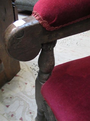 Lot 459 - ^ A Pair of 17th Century Joined Oak Armchairs, later upholstered and recovered in red velvet,...