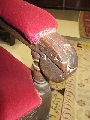 Lot 459 - ^ A Pair of 17th Century Joined Oak Armchairs, later upholstered and recovered in red velvet,...