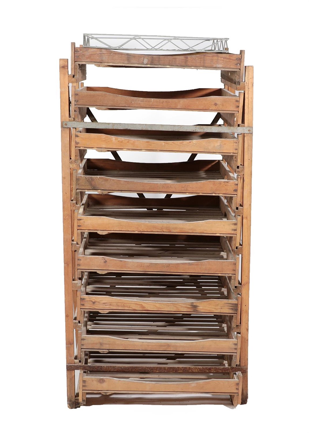 Lot 464 - ~ An Early 20th Century Pine Apple Rack, with eight sliding slatted trays, 79cm by 65cm by 158cm