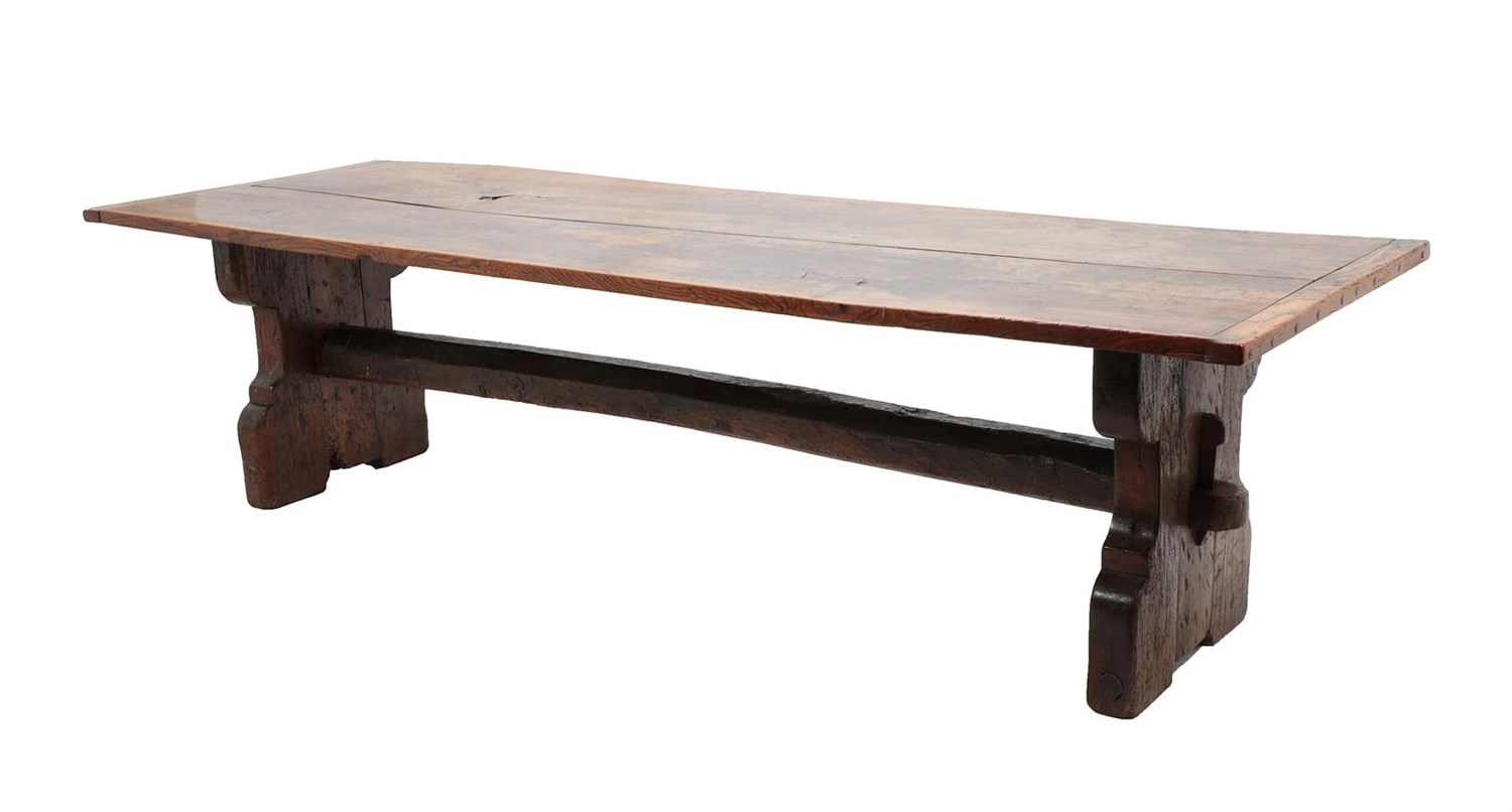 Lot 466 - An Oak Trestle Dining Table, the top of two plank construction with cleated ends, on X form...