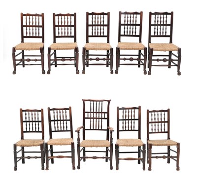 Lot 467 - A Harlequin Set of Ten Ash and Elm Rush-Seated Dining Chairs, comprising seven 19th century...