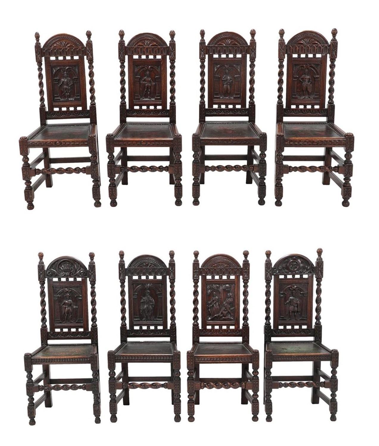 Lot 468 - Eight Carved Oak Dining Chairs, late 19th/early 20th century, with close-nailed and painted leather