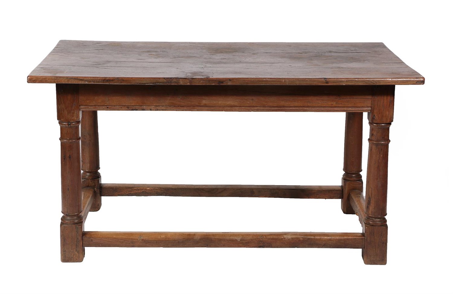 Lot 470 - ~ A Joined Oak Refectory Style Dining Table, basically 18th century, the plank top above a...