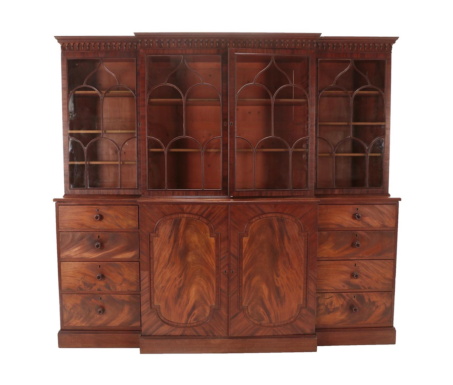 Lot 474 - A George III Mahogany Library Breakfront Bookcase, labelled George Allen, early 19th century,...