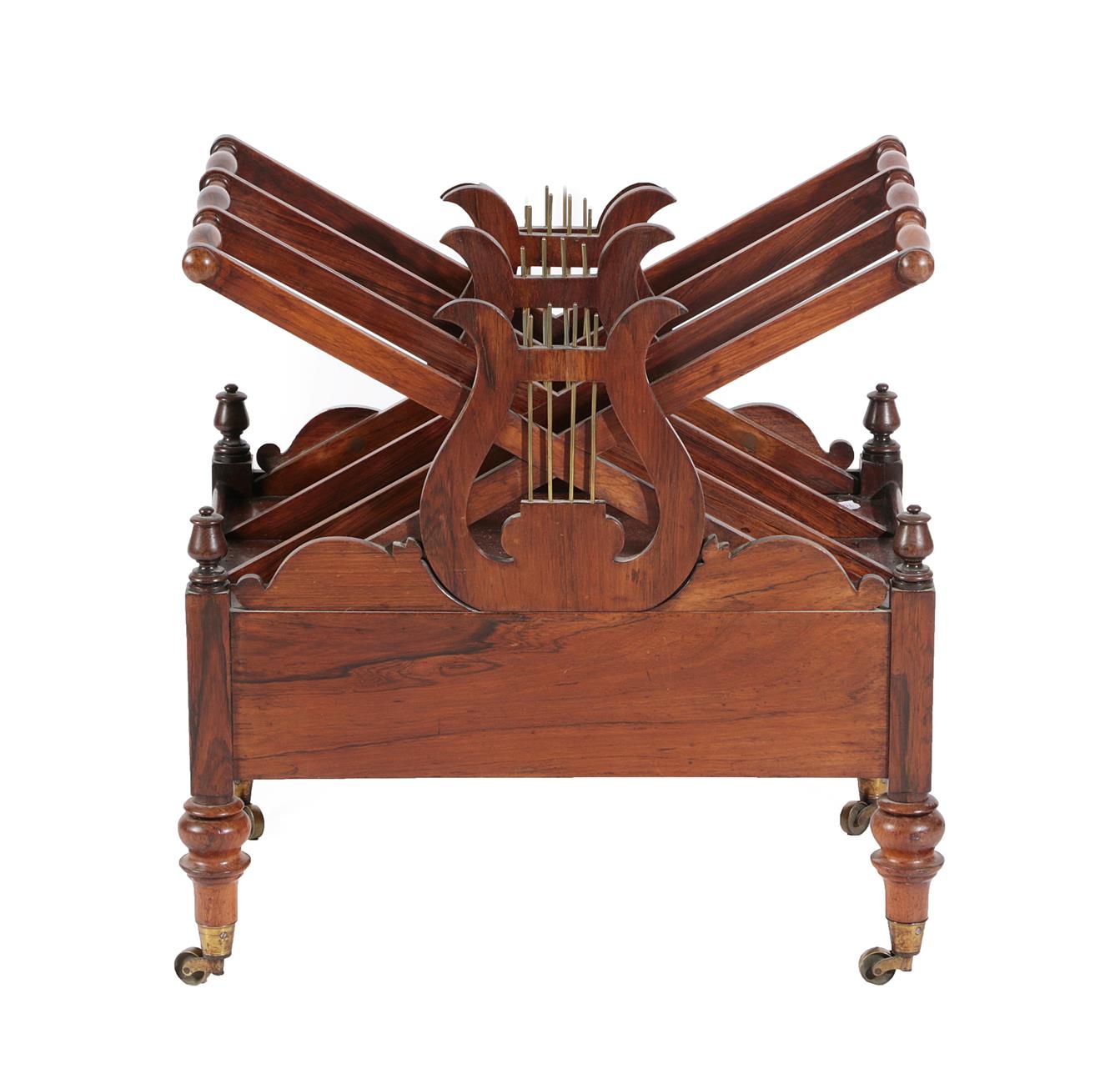 Lot 475 - A Late Regency Rosewood Four-Division Canterbury, early 19th century, with brass lyre shaped...