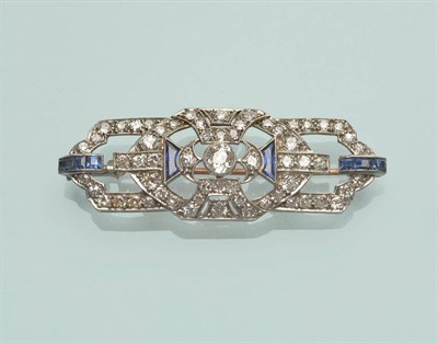 Lot 516 - An Art Deco Diamond and Sapphire Plaque Brooch, old brilliant cut diamonds and single cut...