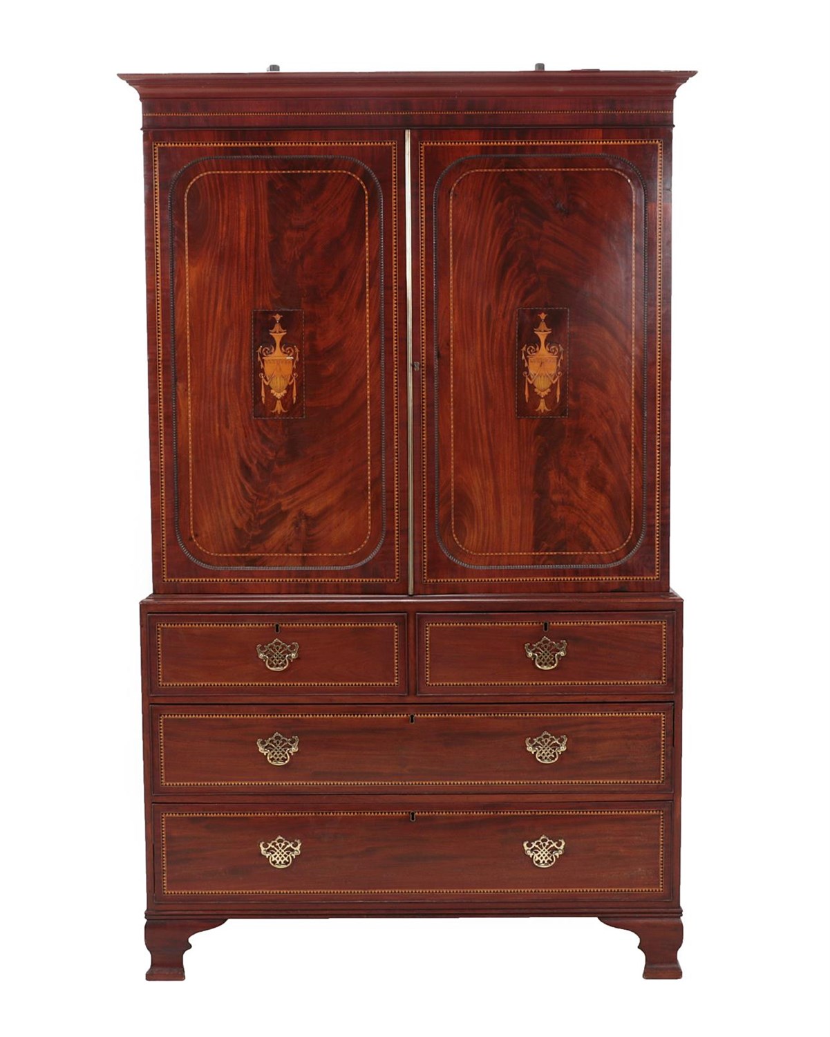 Lot 482 - A Late George III Mahogany, Marquetry and Parquetry Decorated Linen Press, early 19th century,...