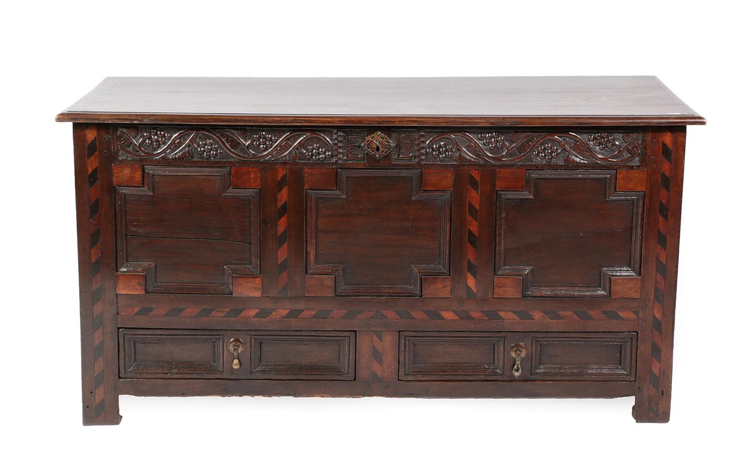 Lot 487 - <> A Joined Oak Chest, late 17th century, the later moulded hinged lid above a vine decorated...