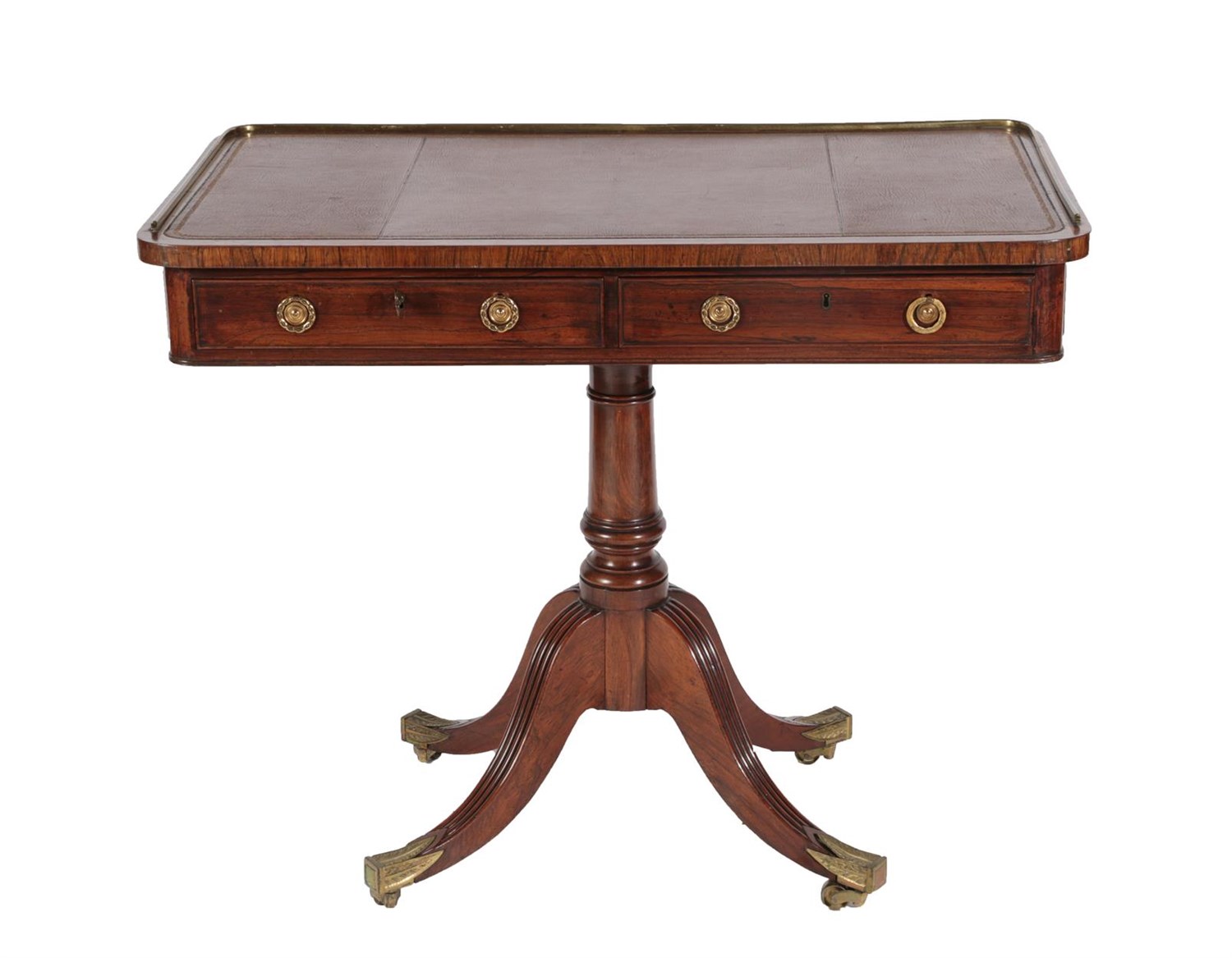 Lot 514 - A Regency Rosewood Pedestal Writing Table, early 19th century, with three-quarter brass rail...