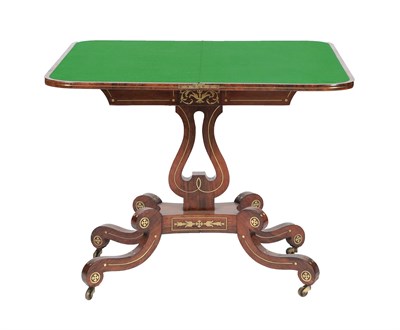 Lot 524 - A Regency Rosewood and Brass Inlaid Foldover Card Table, early 19th century, of D shape form...