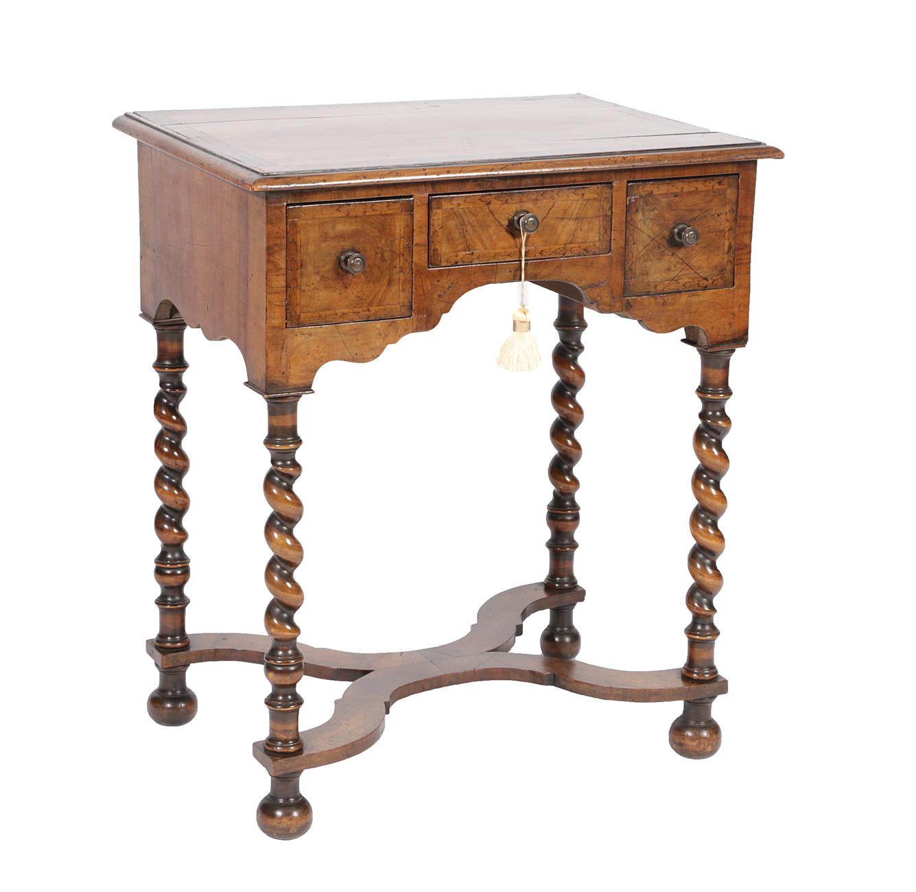 Lot 530 - A William & Mary Style Figured Walnut and Crossbanded Side Table, with three small drawers above an