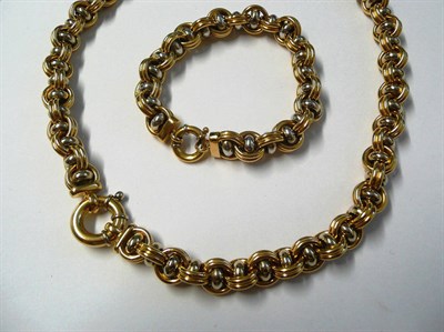 Lot 523 - A Two Colour Double Belcher Link Necklace and Matching Bracelet, the double belcher links in yellow