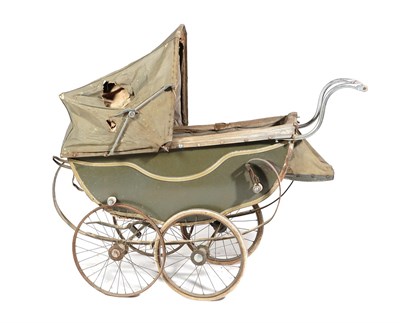 Lot 580 - ~ A 1920's Painted and Wooden-Bodied Pram, in need of restoration, the folding fabric covered...