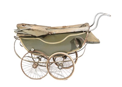 Lot 580 - ~ A 1920's Painted and Wooden-Bodied Pram, in need of restoration, the folding fabric covered...