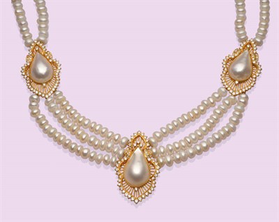 Lot 527 - A Cultured Pearl, Mabe Pearl and Diamond Necklace, three panels comprising a pear shaped mabe pearl