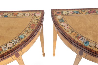 Lot 598 - A Pair of George III Style Satinwood, Polychrome Decorated and Rosewood Crossbanded Card...