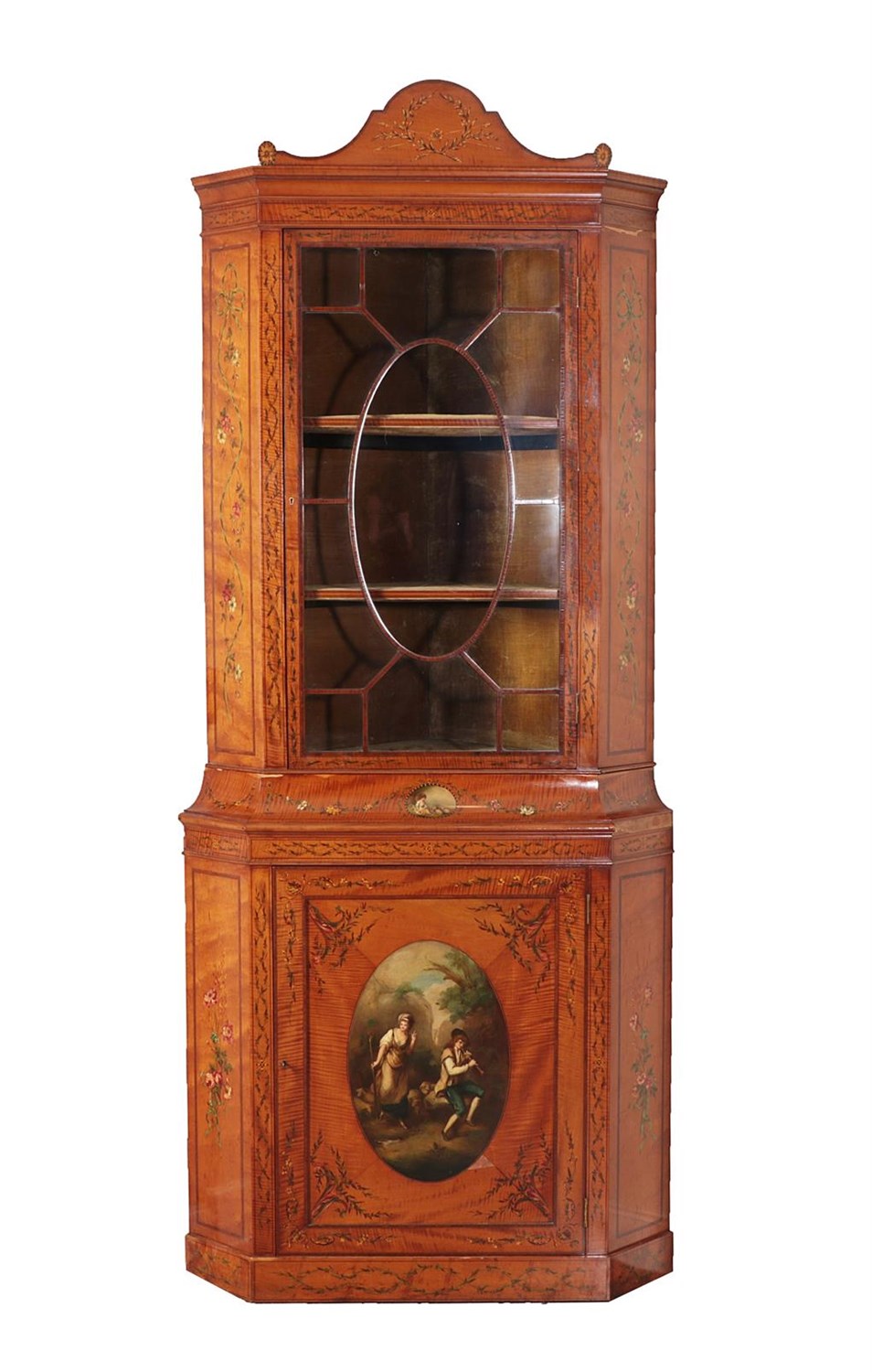 Lot 601 - A Good Satinwood and Polychrome Decorated Free-Standing Corner Cabinet, circa 1900, painted...