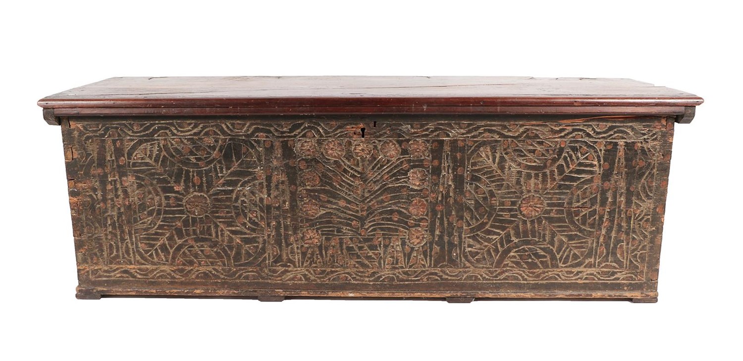 Lot 606 - A 17th Century Continental Oak and Pine-Lined Hinged Chest, the hinged lid with a later...