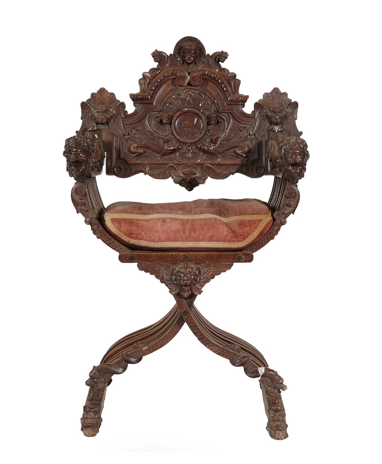 Lot 609 - ^ An Italian Carved Walnut X Frame Armchair, circa 1900, in Renaissance style, carved in...