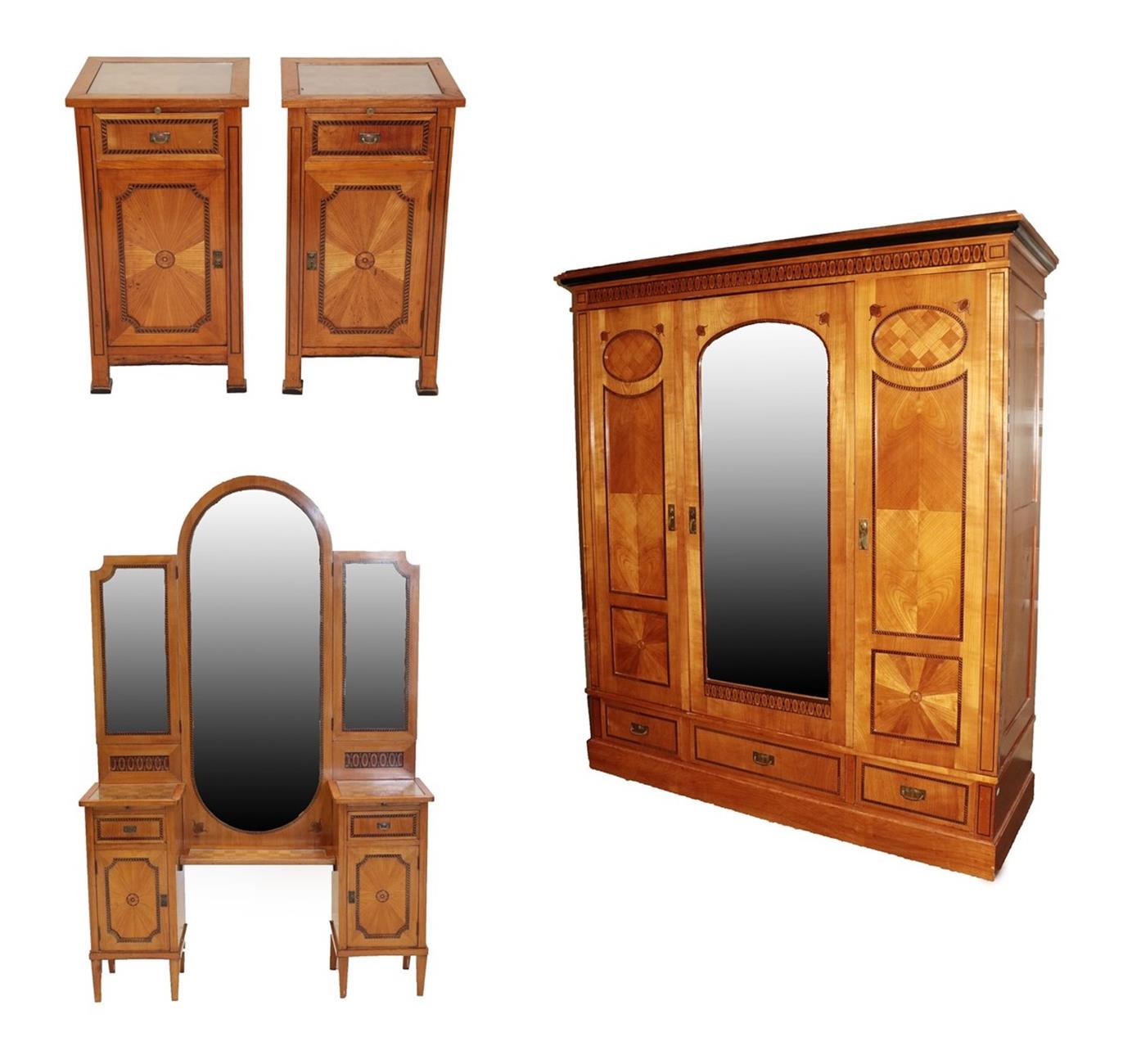 Lot 610 - A Late 19th/Early 20th Century French Cherry, Parquetry and Marquetry Decorated Four Piece...