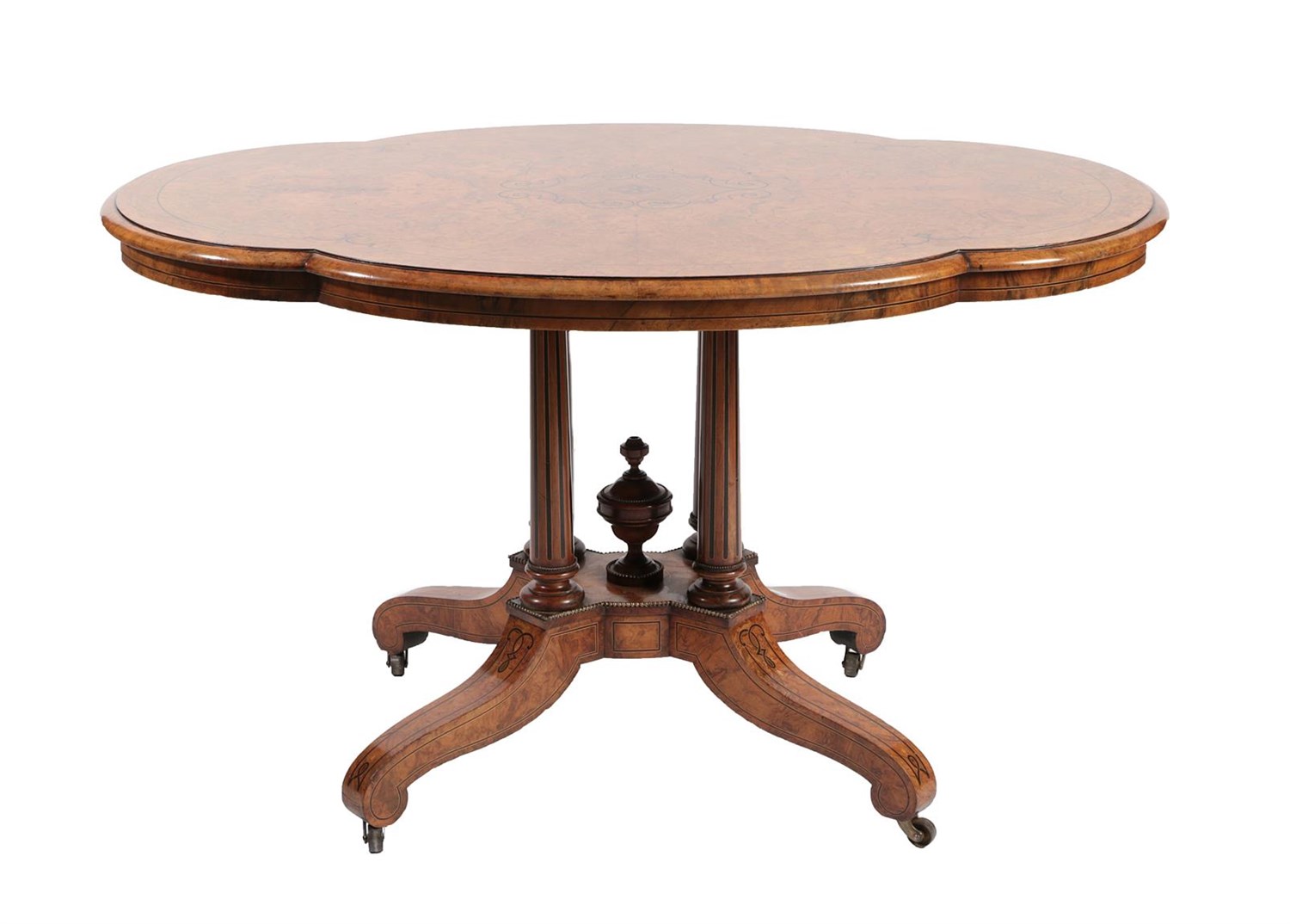 Lot 618 - A Victorian Burr Walnut and Marquetry Inlaid Centre Table, the quarter-veneered top above...