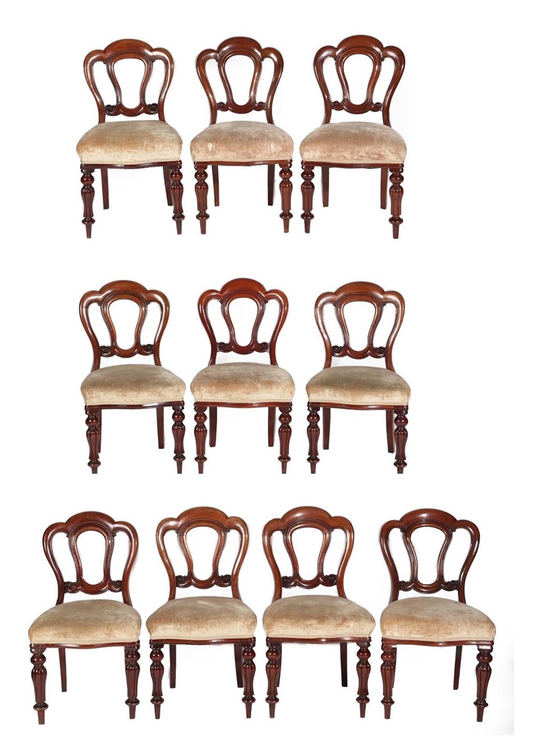 Lot 630 - A Set of Ten Victorian Mahogany Dining Chairs, late 19th century, recovered in beige velvet,...