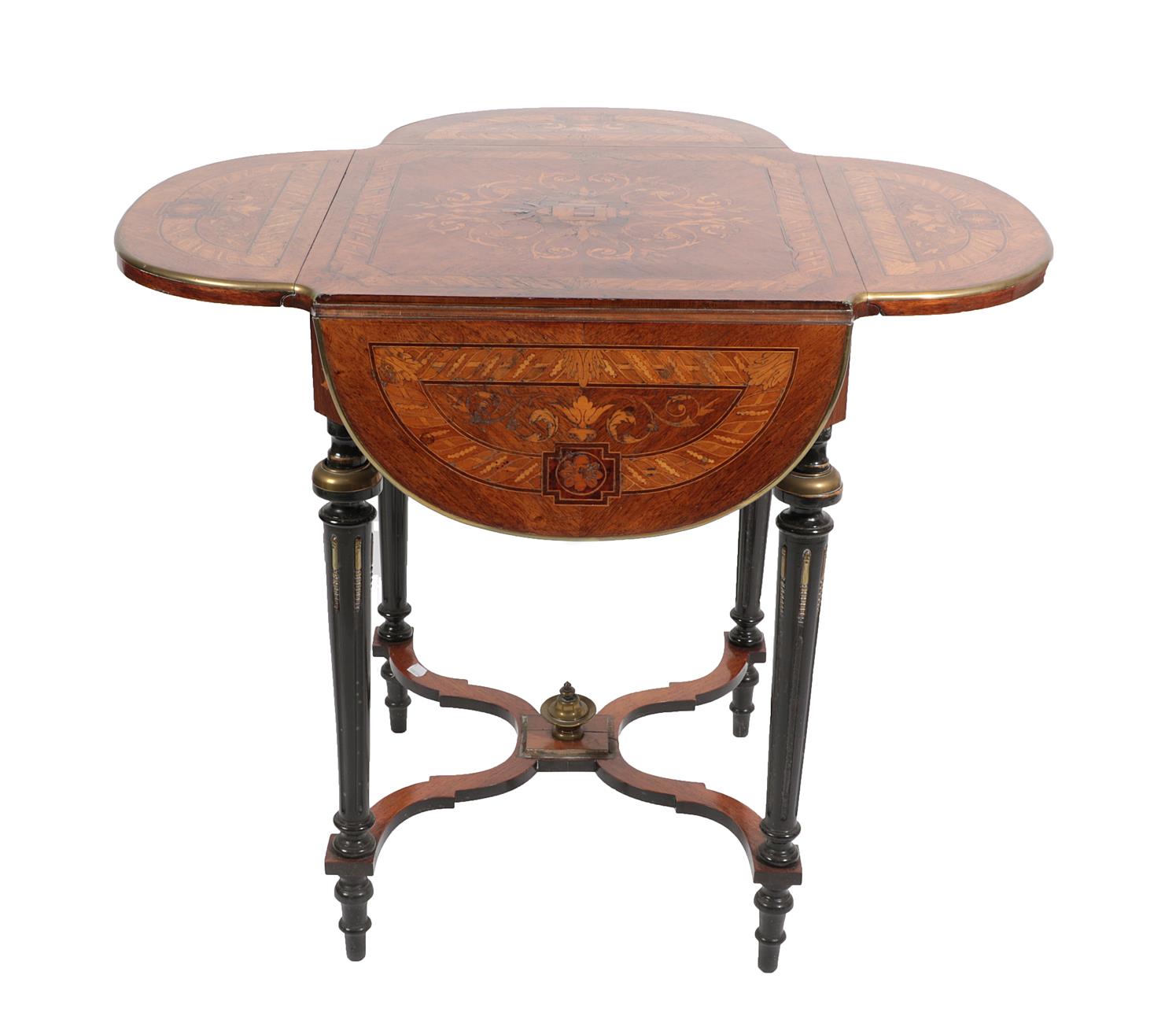 Lot 637 - A French Ormolu Mounted, Ebonised, Amboyna and Marquetry Inlaid Dropleaf Table, late 19th/early...
