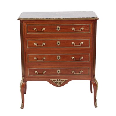 Lot 645 - A Late 19th Century French Louis XVI Style Mahogany and Gilt Metal Mounted Chest, the marble top of