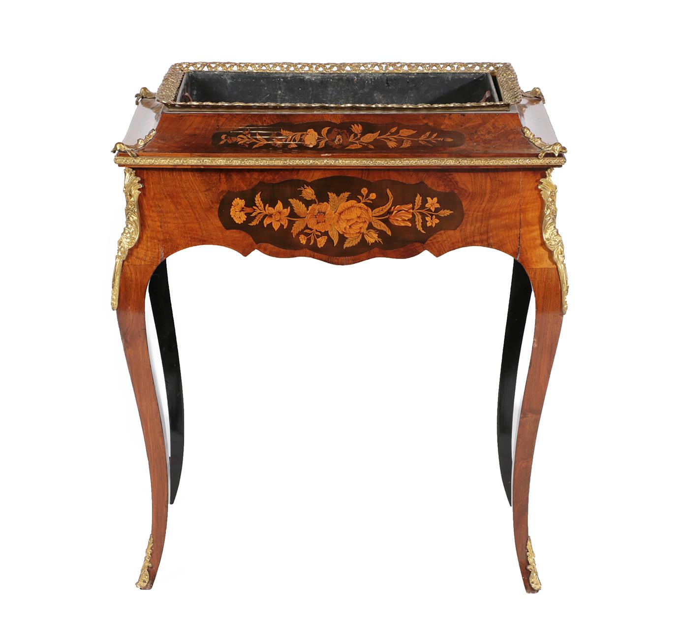 Lot 646 - A Victorian Figured Walnut, Marquetry and Gilt Metal Mounted Jardiniere Table, circa 1880, in Louis
