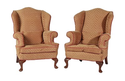 Lot 650 - ^ A Pair of George III Style Wing-Back Chairs, early 20th century, recovered in gold and red...