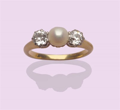 Lot 533 - A Pearl and Diamond Three Stone Ring, the pearl between two old cut diamonds in white claw...