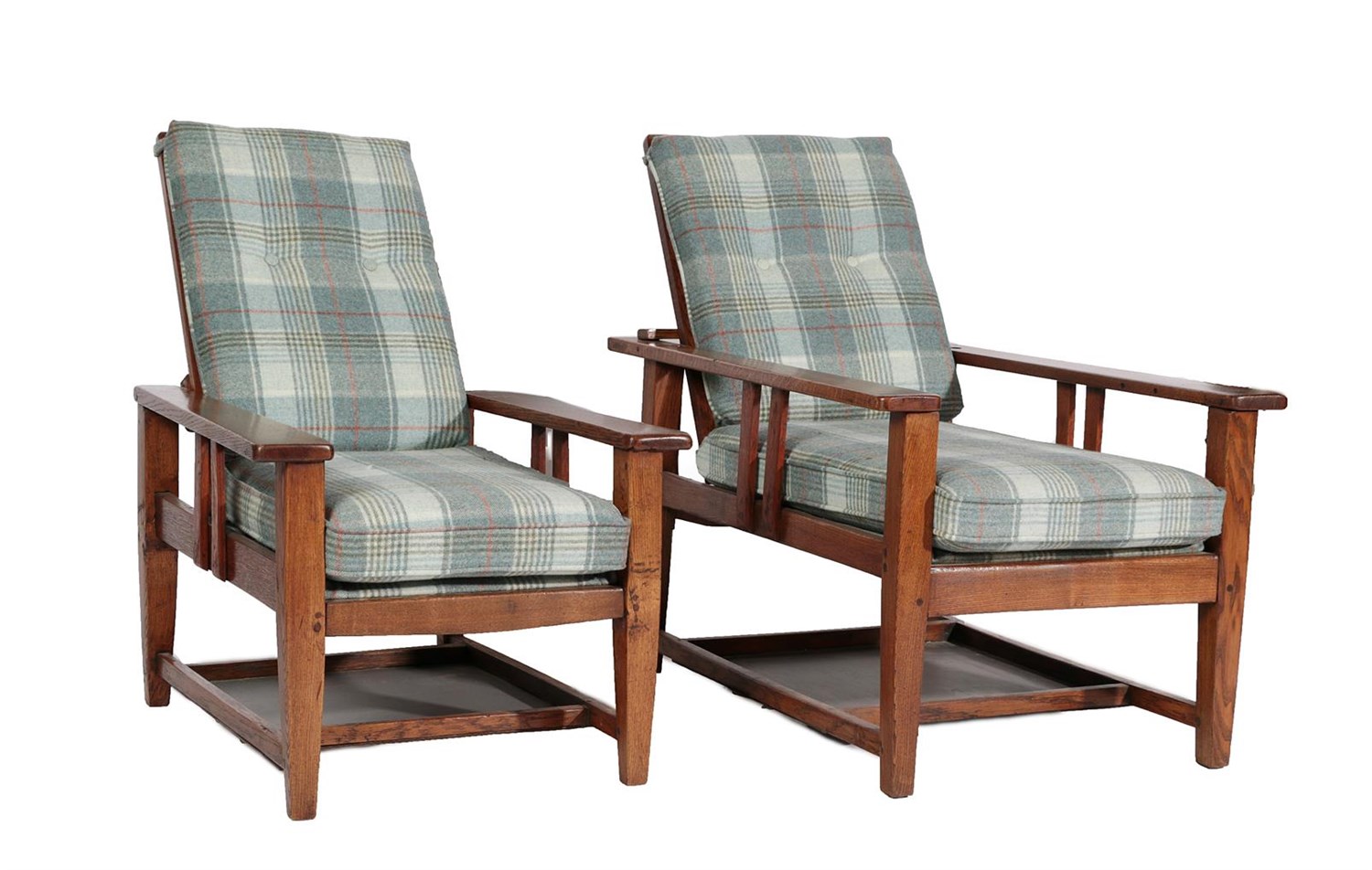 Lot 653 - A Pair of Joined Oak Arts & Crafts Reclining Bed Chairs, early 20th century, recovered in...