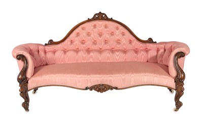 Lot 663 - A Victorian Rosewood Framed Two-Seater Sofa, circa 1870, recovered in buttoned pink watered...