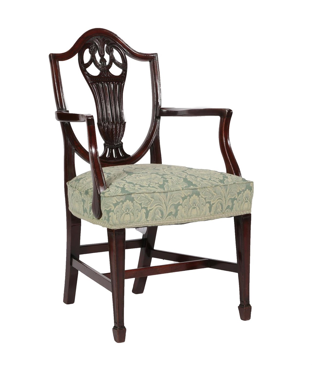 Lot 672 - <> A 19th Century Mahogany Hepplewhite Style Armchair, recovered in green floral fabric, the...