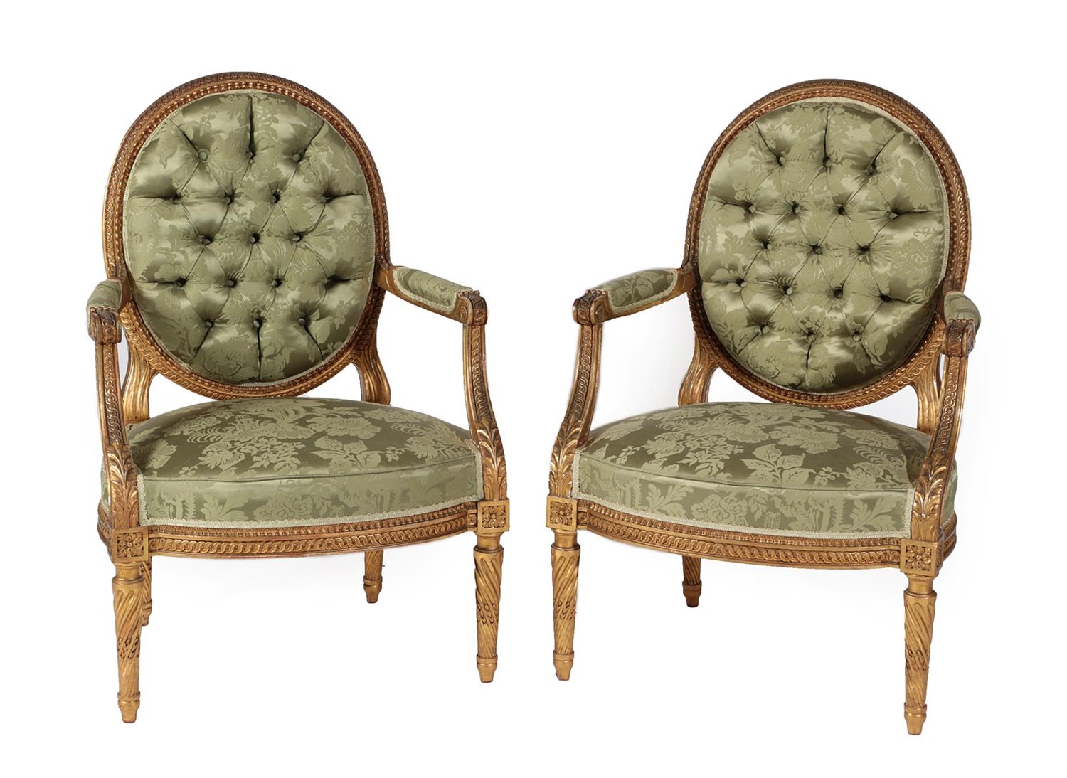 Lot 675 - A Pair of George III Style Giltwood Open Armchairs, late 19th/early 20th century, upholstered...