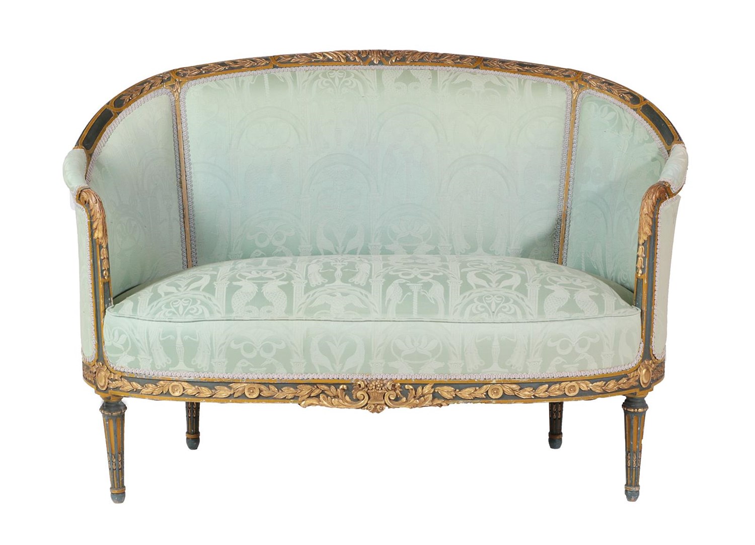 Lot 680 - A Late 19th Century Carved Giltwood and Green Painted Two-Seater Sofa, recovered in classical green