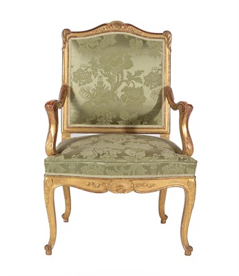 Lot 682 - A Suite of Louis XV Style Giltwood Furniture, 19th century, upholstered in green silk damask,...