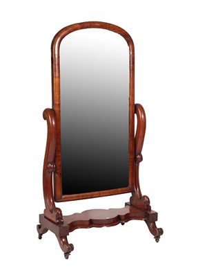 Lot 697 - A Victorian Mahogany Cheval Mirror, circa 1870, the original mirror plate within an arched...