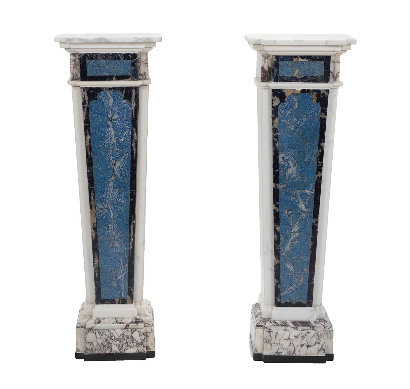 Lot 705 - {} A Pair of 20th Century Grey and White Marble Pedestals, with lapis lazuli panels, of square...