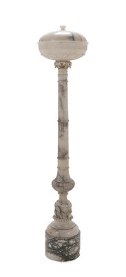 Lot 708 - A Large Alabaster Floor-Standing Standard Lamp, circa 1930, the circular shade carved with acanthus