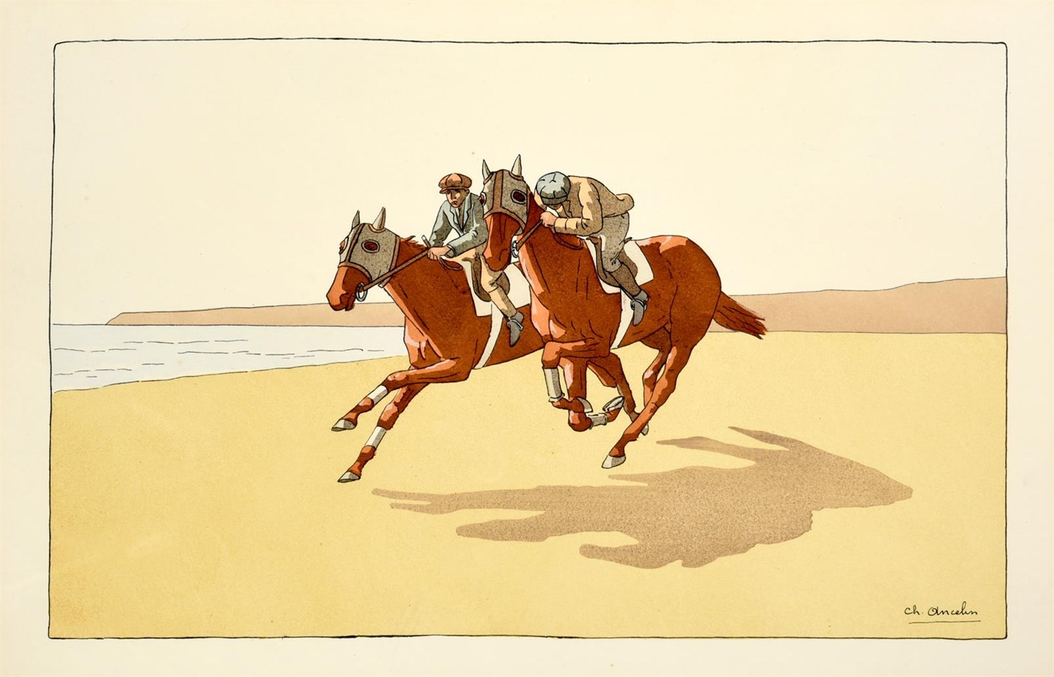 Lot 1003 - Charles Ancelin (1863 - 1940)Â  French Race horses exercising on the beach Lithograph, together...